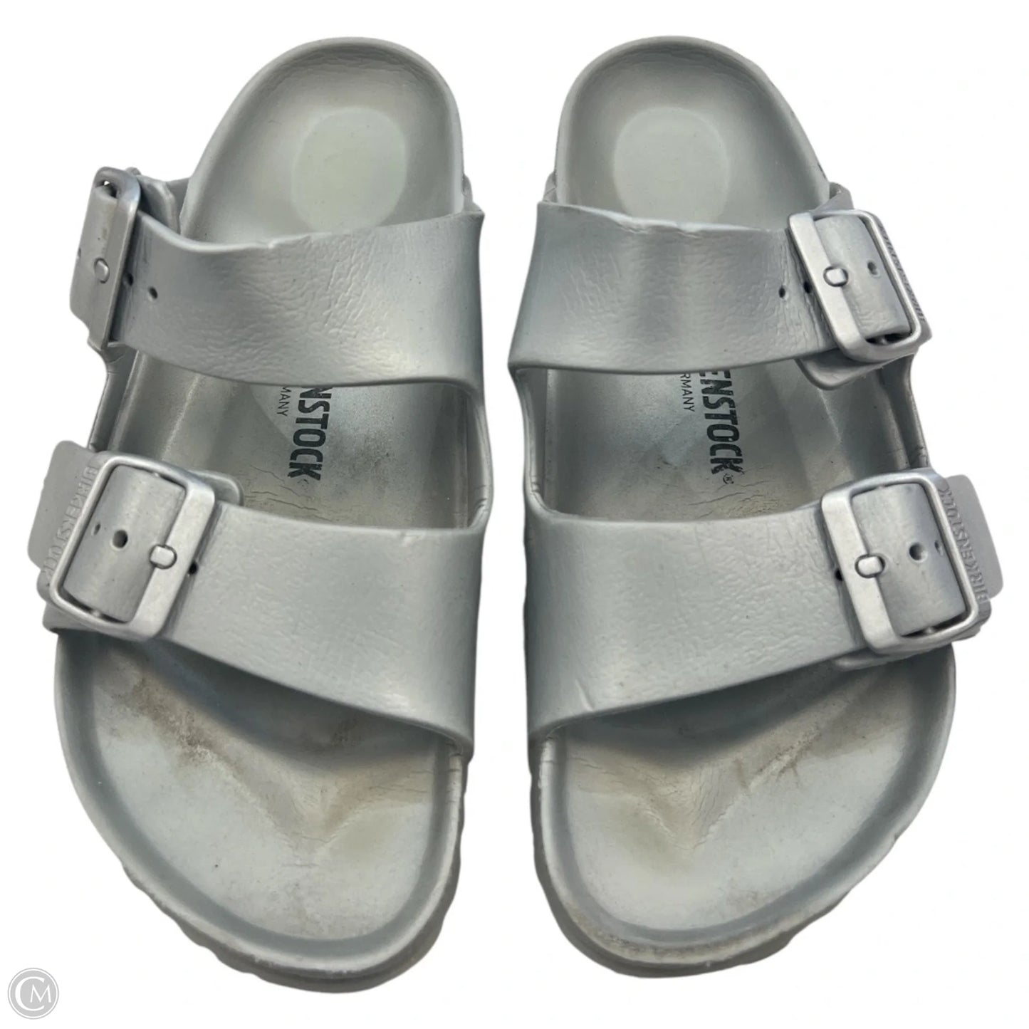 Sandals Flats By Birkenstock In Silver, Size: 7