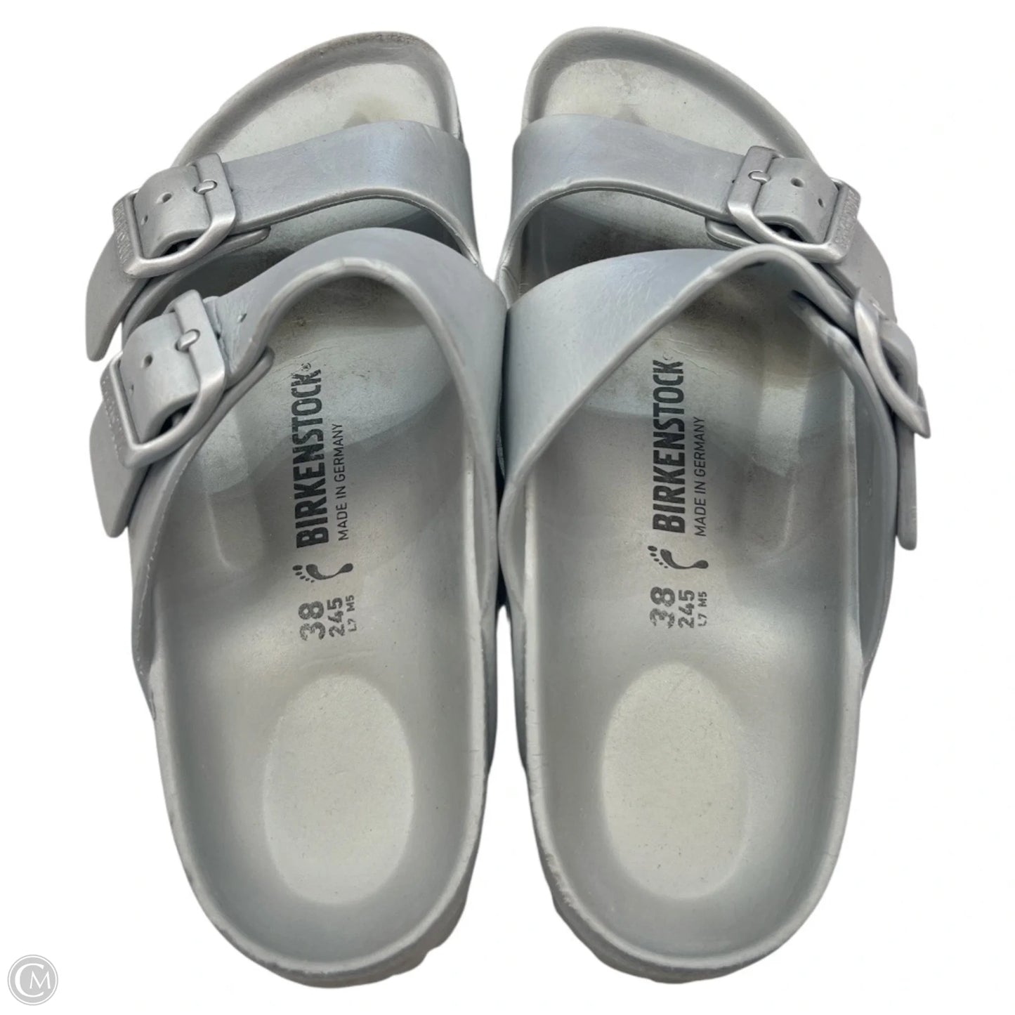 Sandals Flats By Birkenstock In Silver, Size: 7