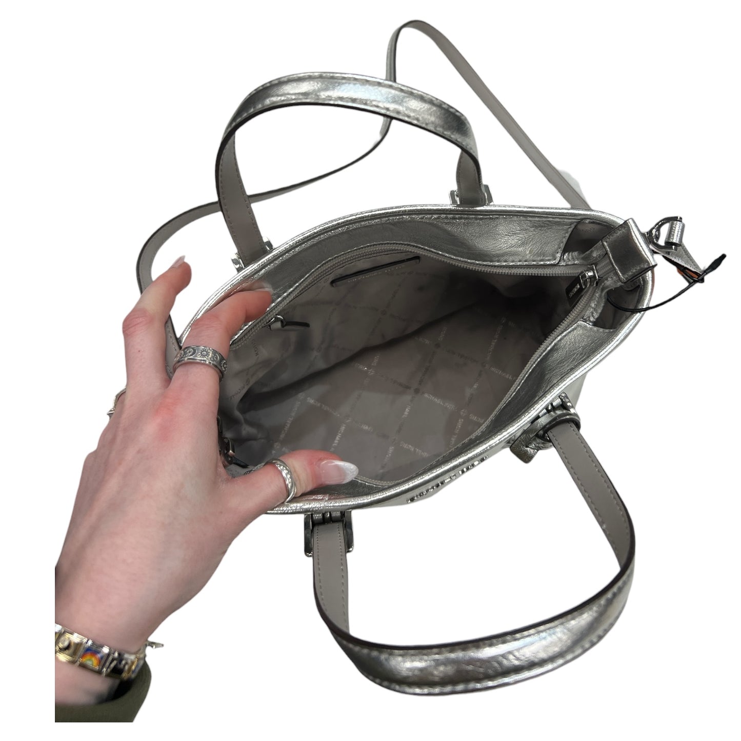 Crossbody Designer By Michael Kors In Silver, Size:Medium